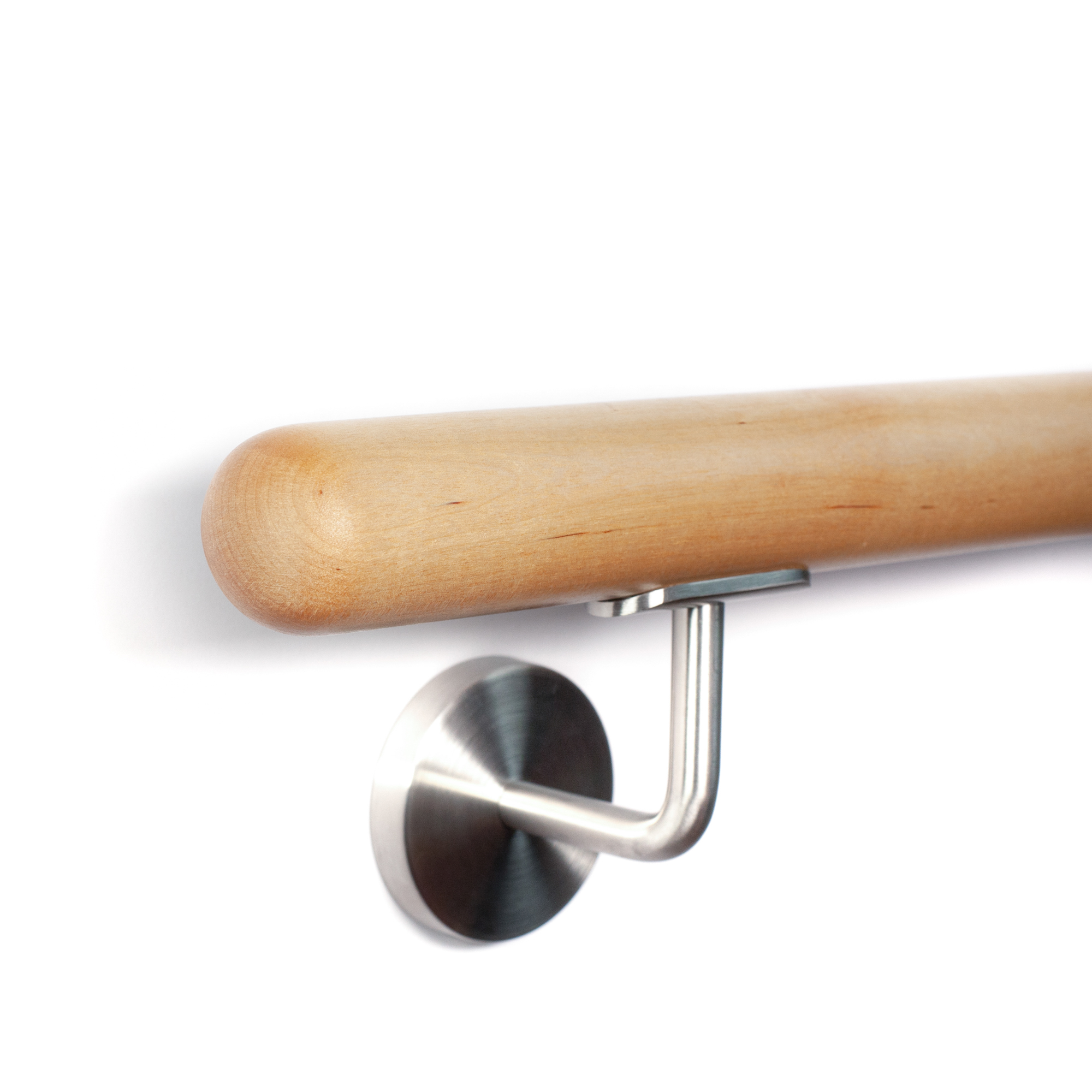 Corrimano rotondo in acero naturale, estremità a semisfera, supporto a parete in acciaio inox, primo piano