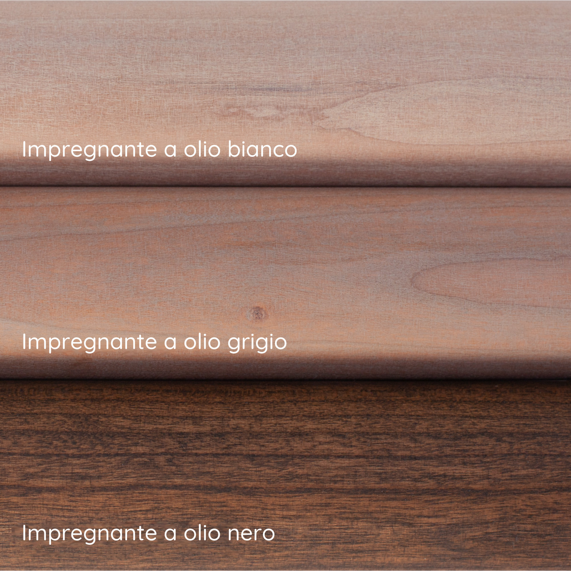 Corrimano in ciliegio: tre campioni con impregnante a olio bianco, grigio e nero, superficie del legno con venatura