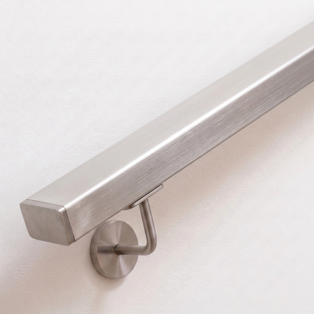 Corrimano rettangolare in acciaio inossidabile con supporto inox, diagonale su parete bianca, primo piano del profilo piatto