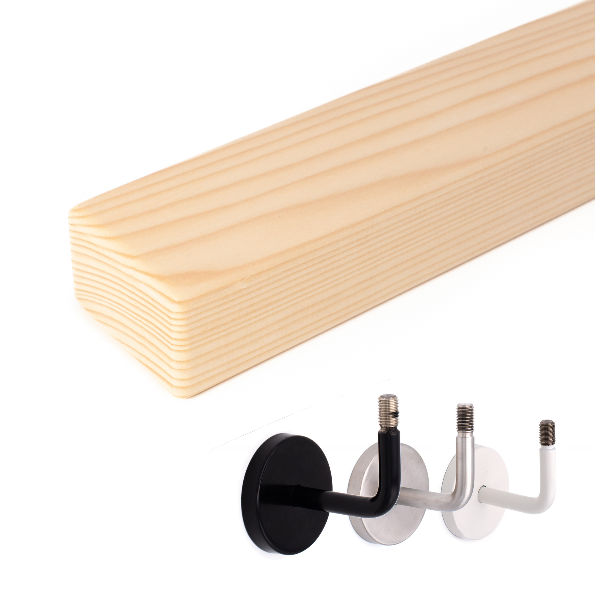 Corrimano rettangolare in abete rosso, accanto supporti per corrimano in nero, acciaio inox e bianco