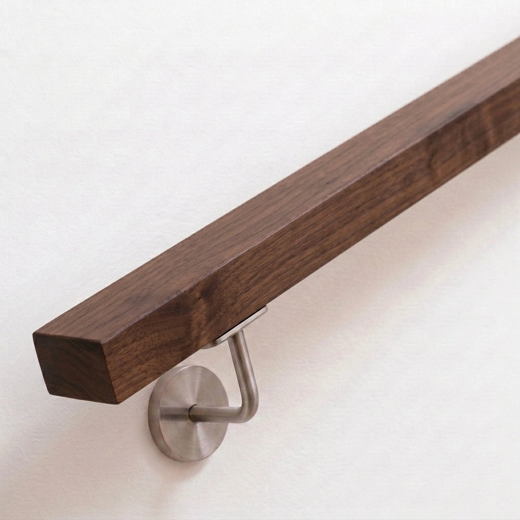 Corrimano rettangolare in noce, legno bruno scuro, supporto in acciaio inox su parete bianca, estremità dritta, vista obliqua