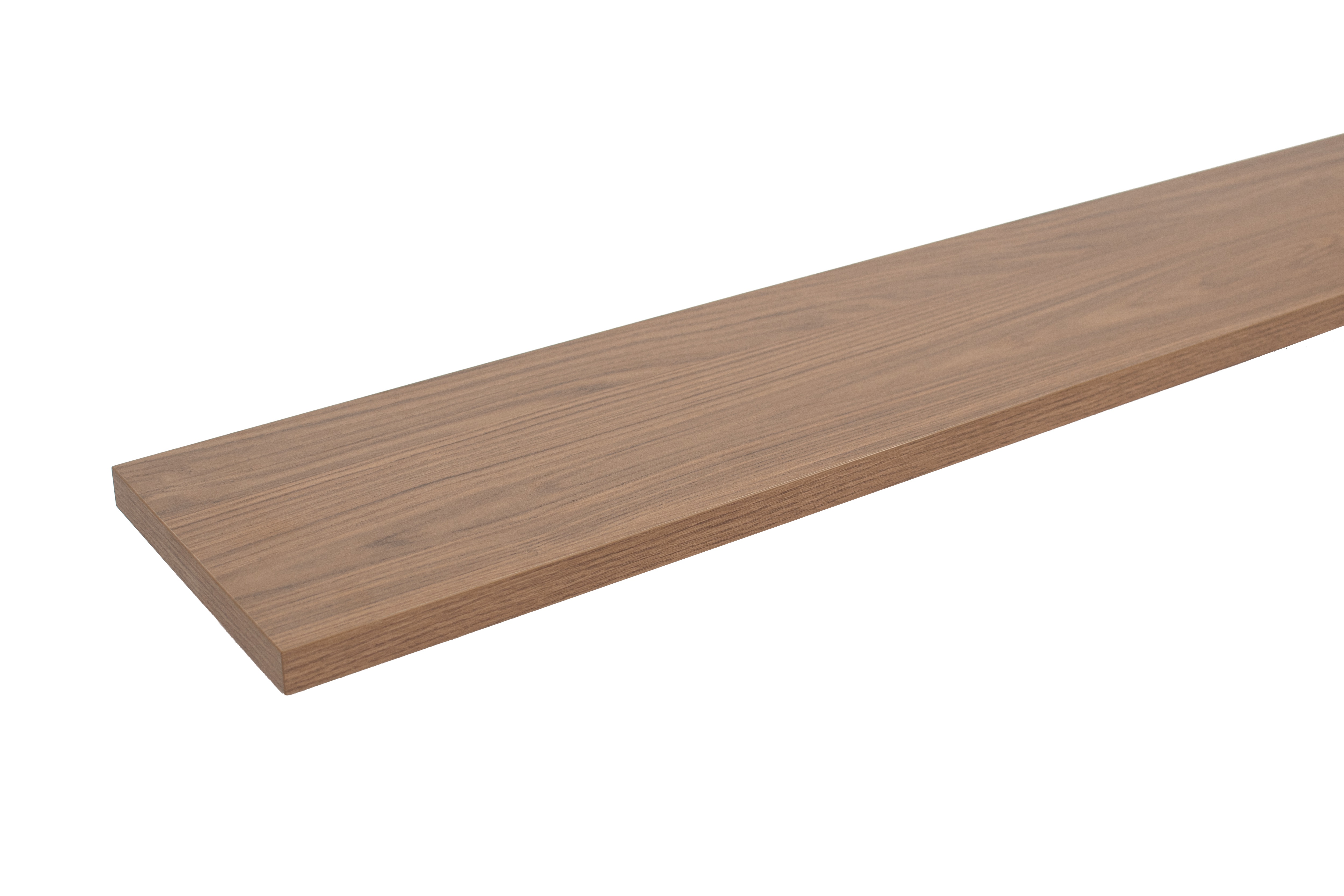 Davanzale in nobilitato effetto legno noce, scontornato in vista laterale bassa con testata visibile