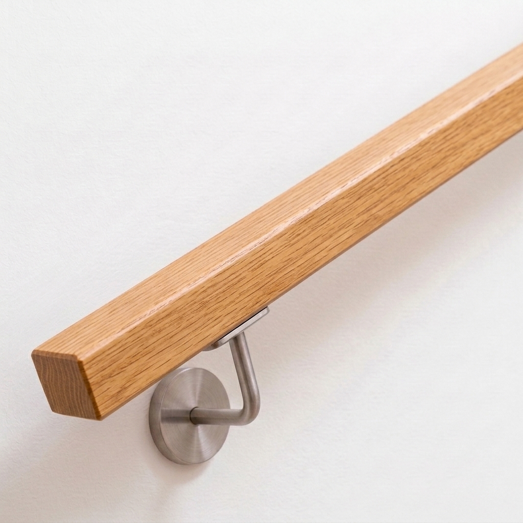 Corrimano quadrato in rovere, venatura visibile, supporto in acciaio inox su parete bianca, estremità dritta, vista obliqua