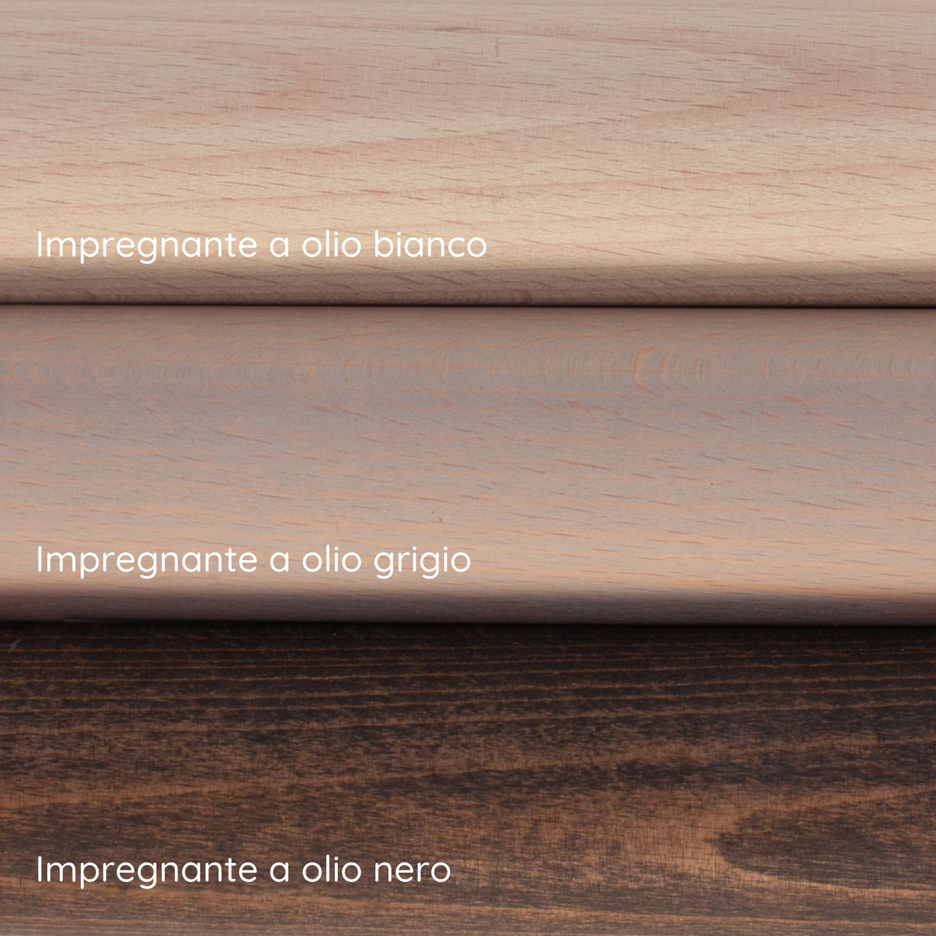 Corrimano in faggio: tre campioni con impregnante a olio bianco, grigio e nero, superficie del legno con venatura