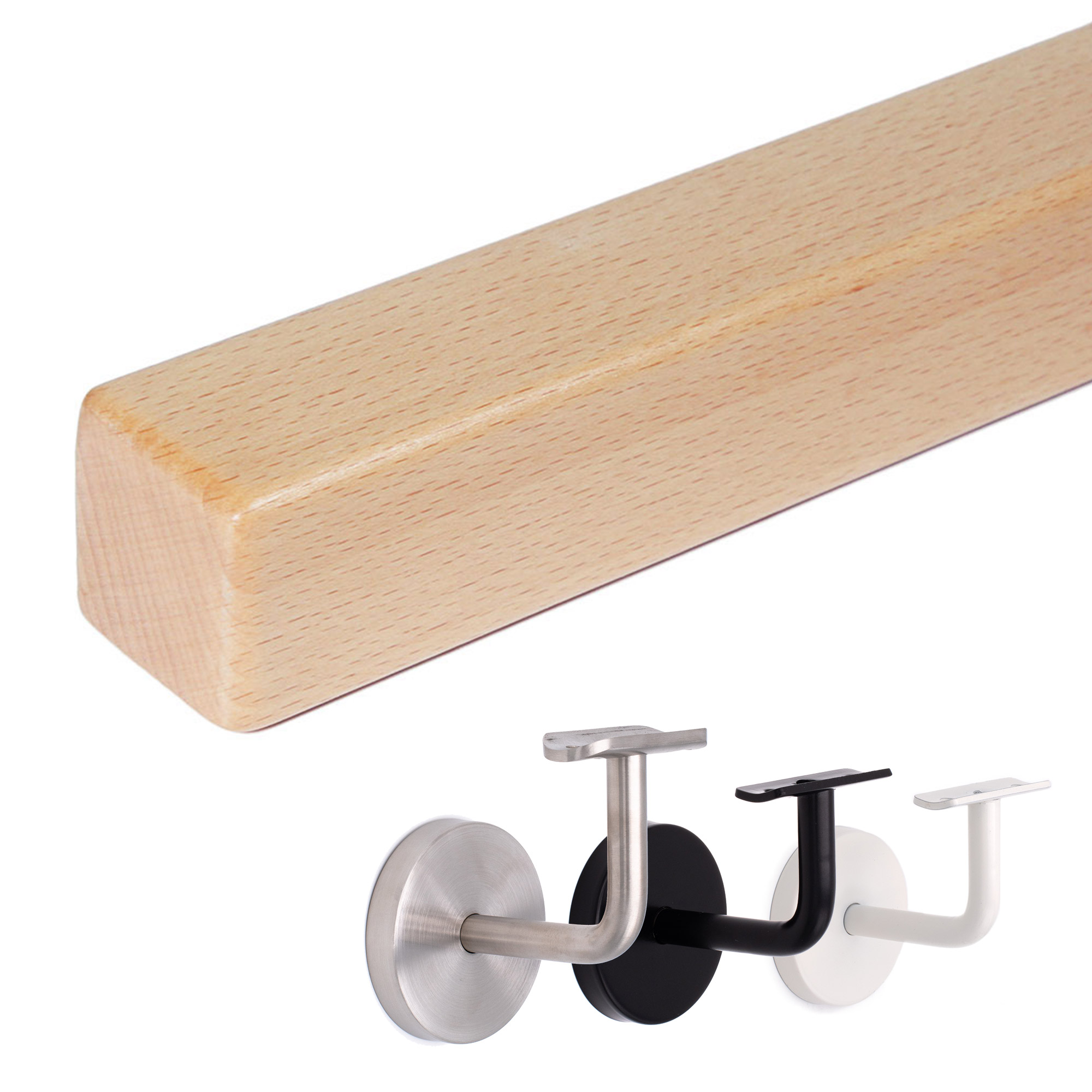 Corrimano quadrato in faggio, legno chiaro con spigoli arrotondati, con supporti per corrimano in inox, nero e bianco