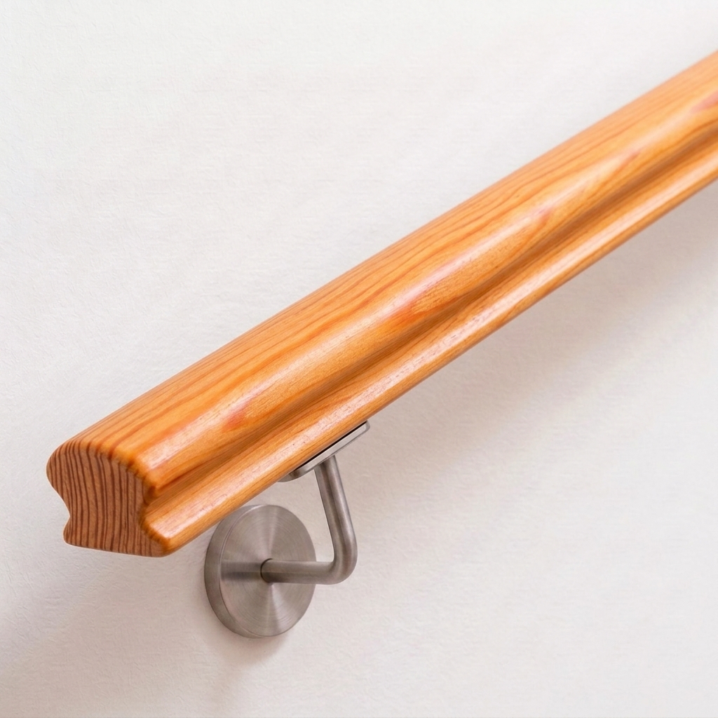 Corrimano Omega in larice con sezione profilata e venatura giallo-rossastra, supporto in acciaio inox su parete bianca