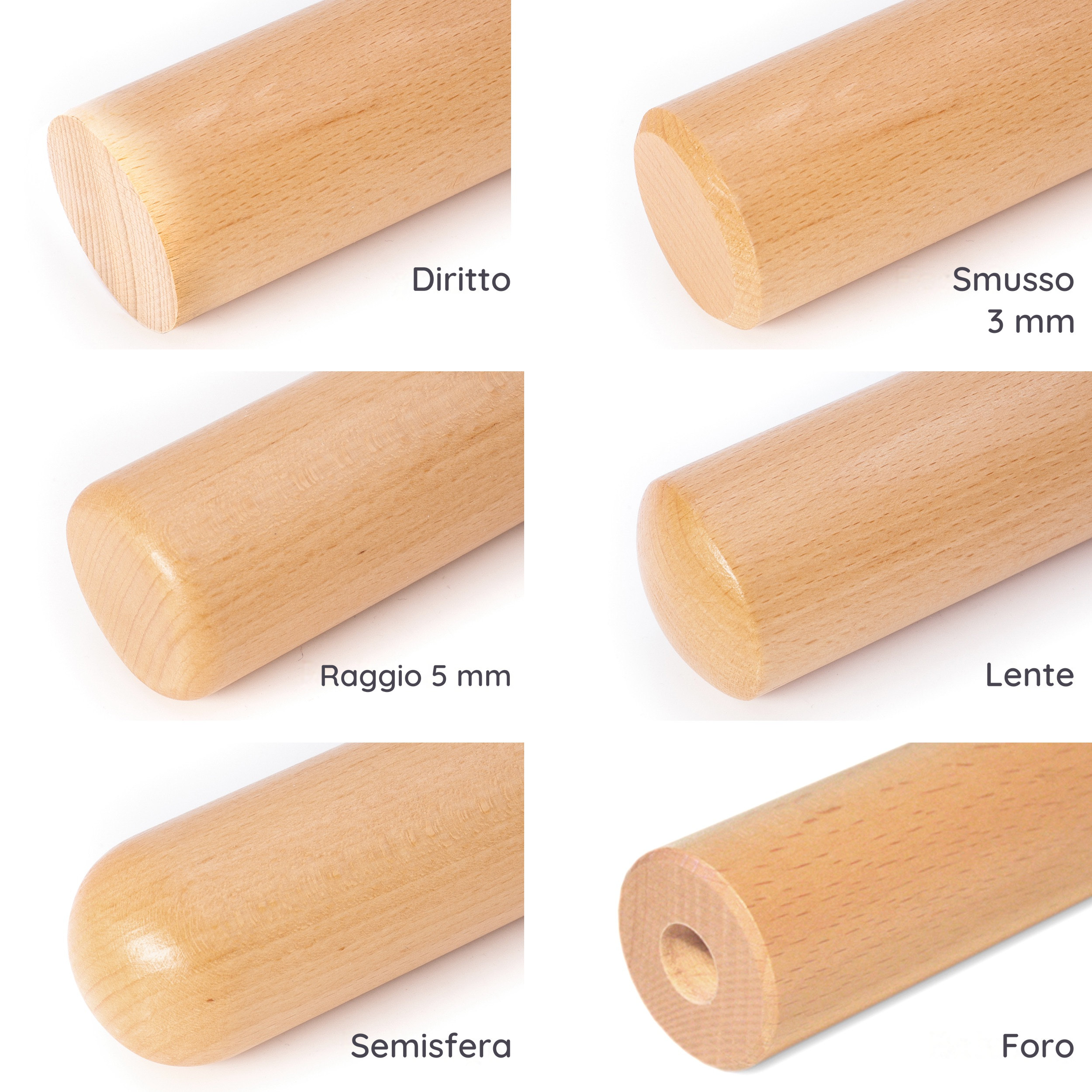 Finiture delle estremità del corrimano tondo in legno a confronto: diritta, smusso 3 mm, raggio 5 mm, lente, semisfera e foro