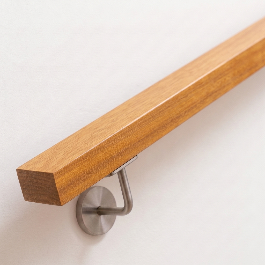 Corrimano rettangolare in iroko, legno bruno dorato, supporto in acciaio inox su parete bianca, estremità dritta