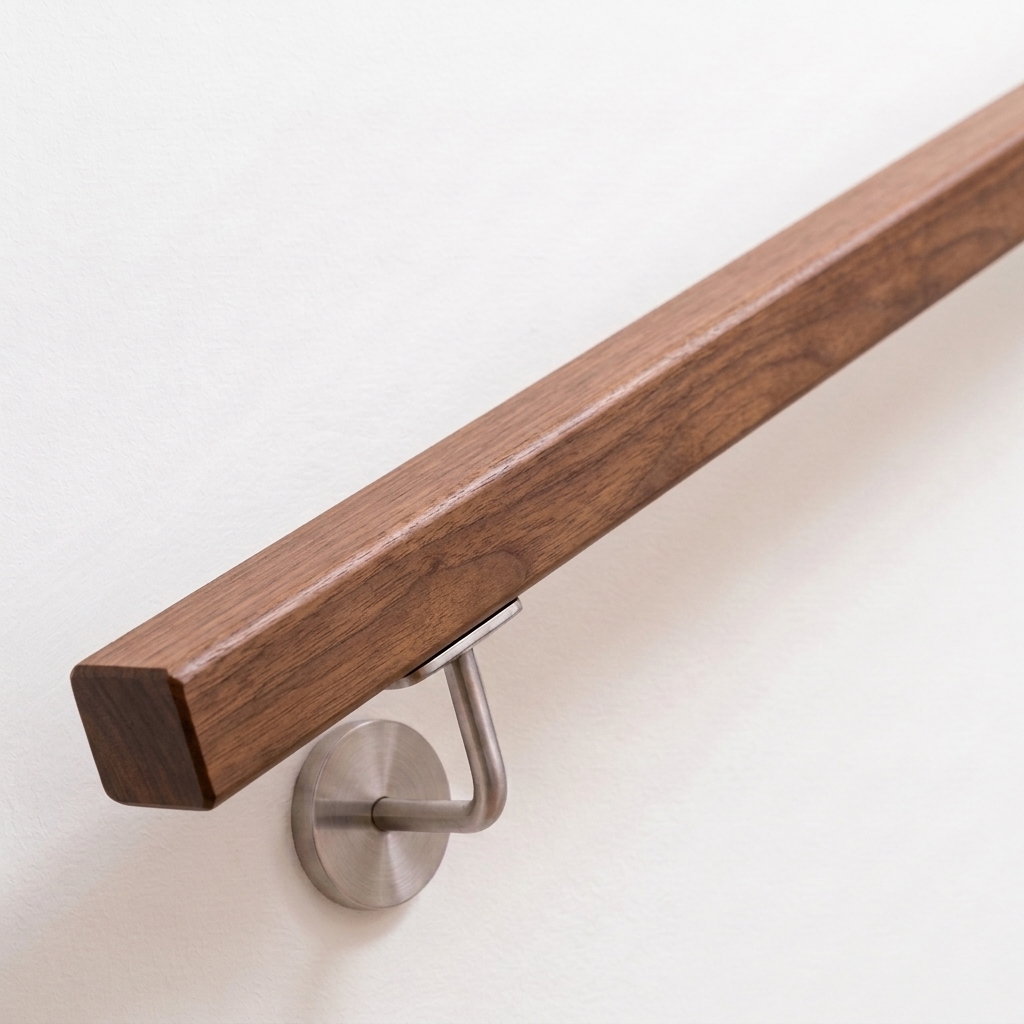 Corrimano quadrato in noce, legno bruno scuro, supporto in acciaio inox su parete bianca, estremità dritta, vista obliqua