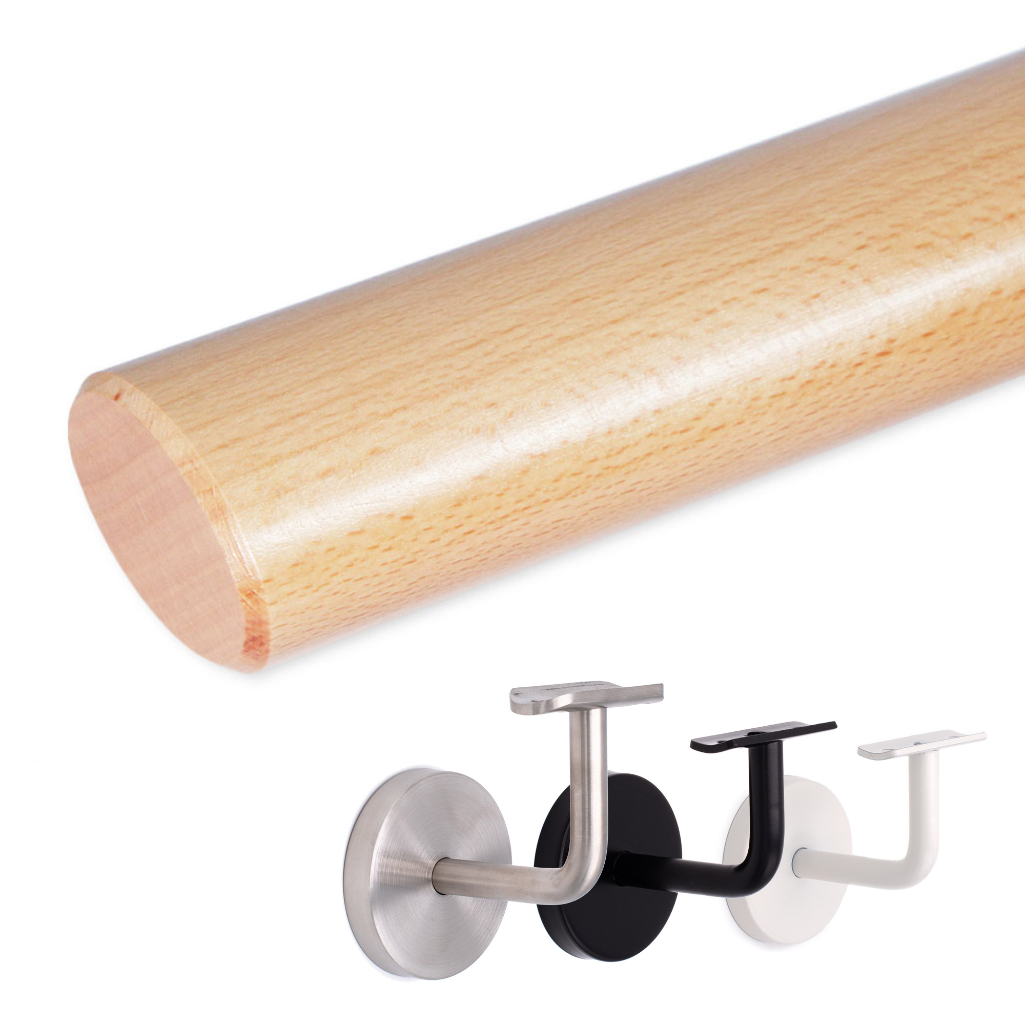 Corrimano ovale in faggio naturale, in diagonale su sfondo bianco, supporti per corrimano in acciaio inox, nero e bianco
