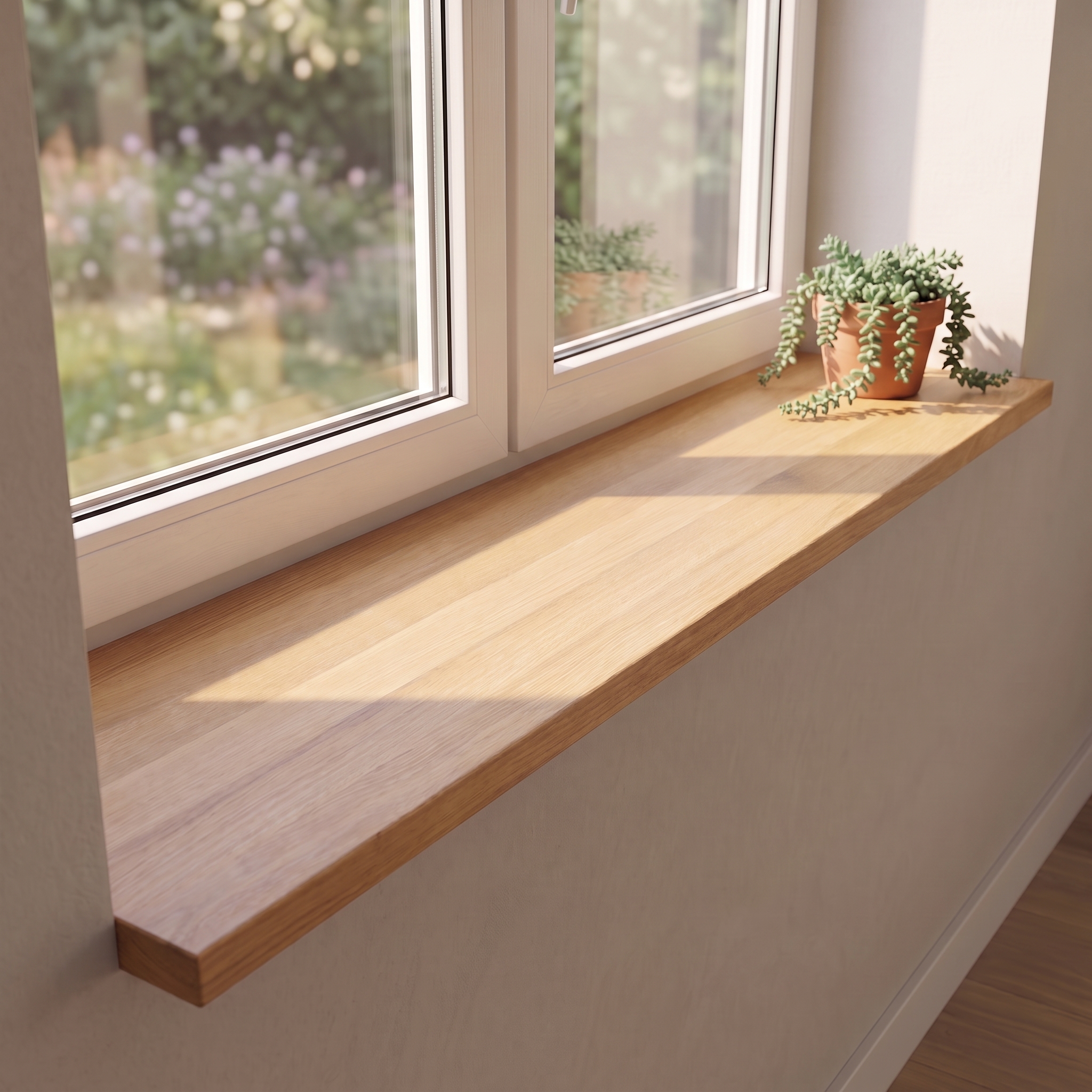 Davanzale in rovere naturale, lamelle continue, sotto finestra a due ante con vista giardino e pianta ricadente in vaso