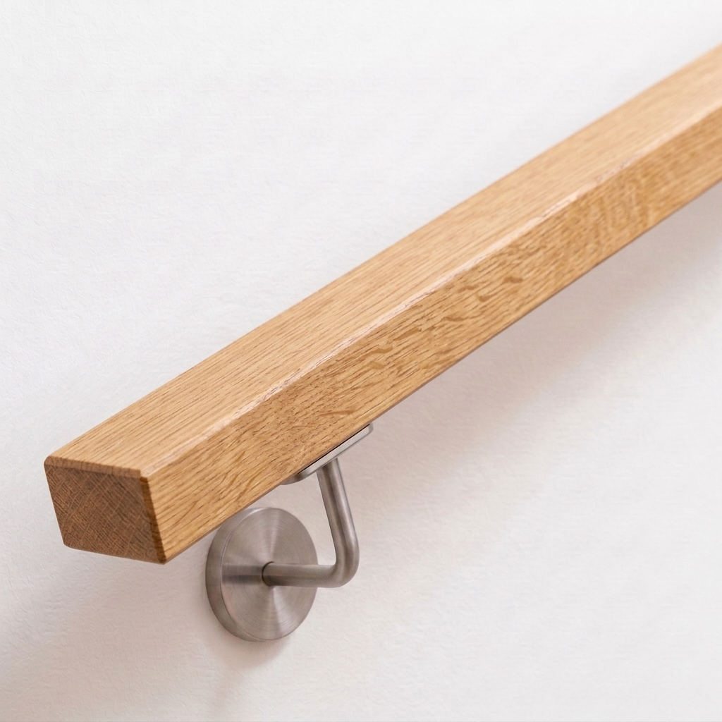 Corrimano rettangolare in rovere con supporto in acciaio inox su parete bianca, vista obliqua frontale, rovere con venatura