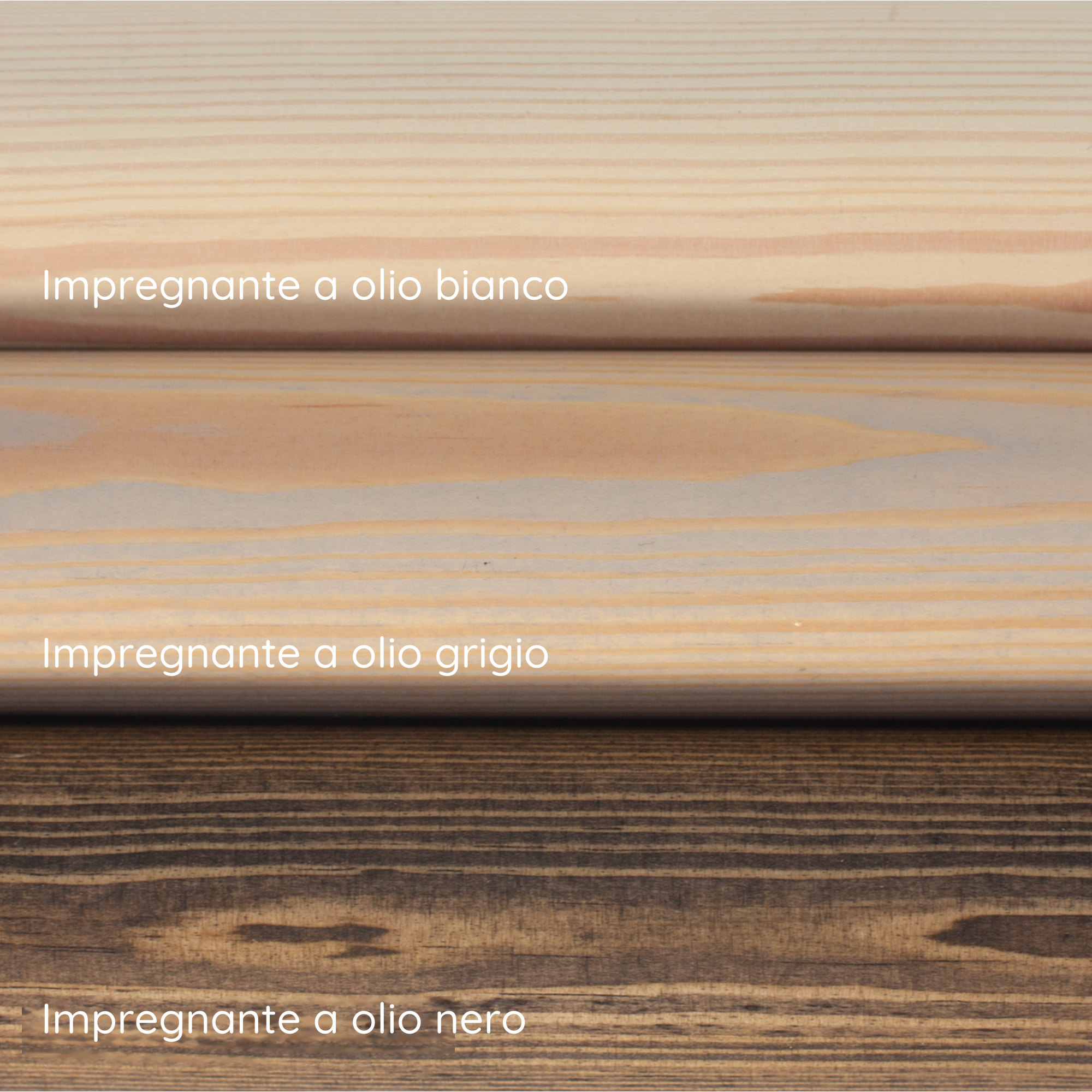 Corrimano in pino: tre campioni con impregnante a olio bianco, grigio e nero, superficie del legno con venatura