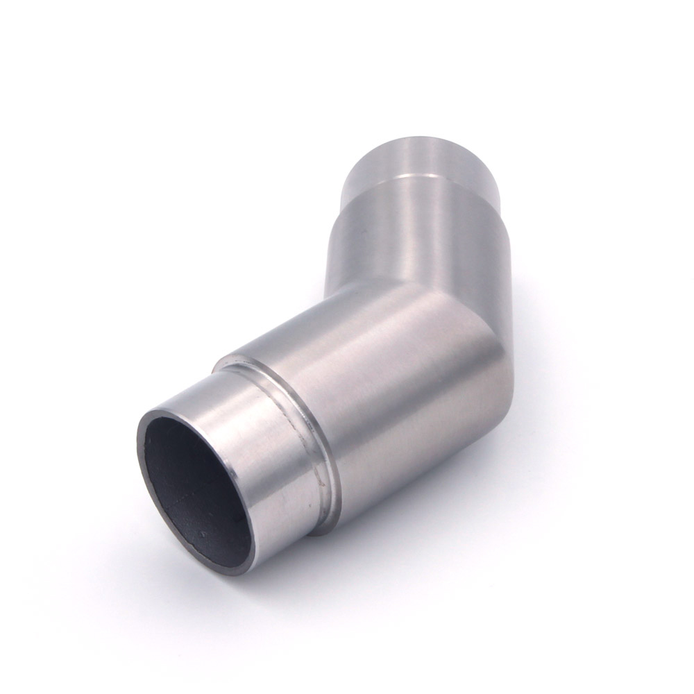 Curva angolare a 45° per corrimano in acciaio inossidabile Ø 42,4 mm, vista frontale con innesto aperto e parete del tubo