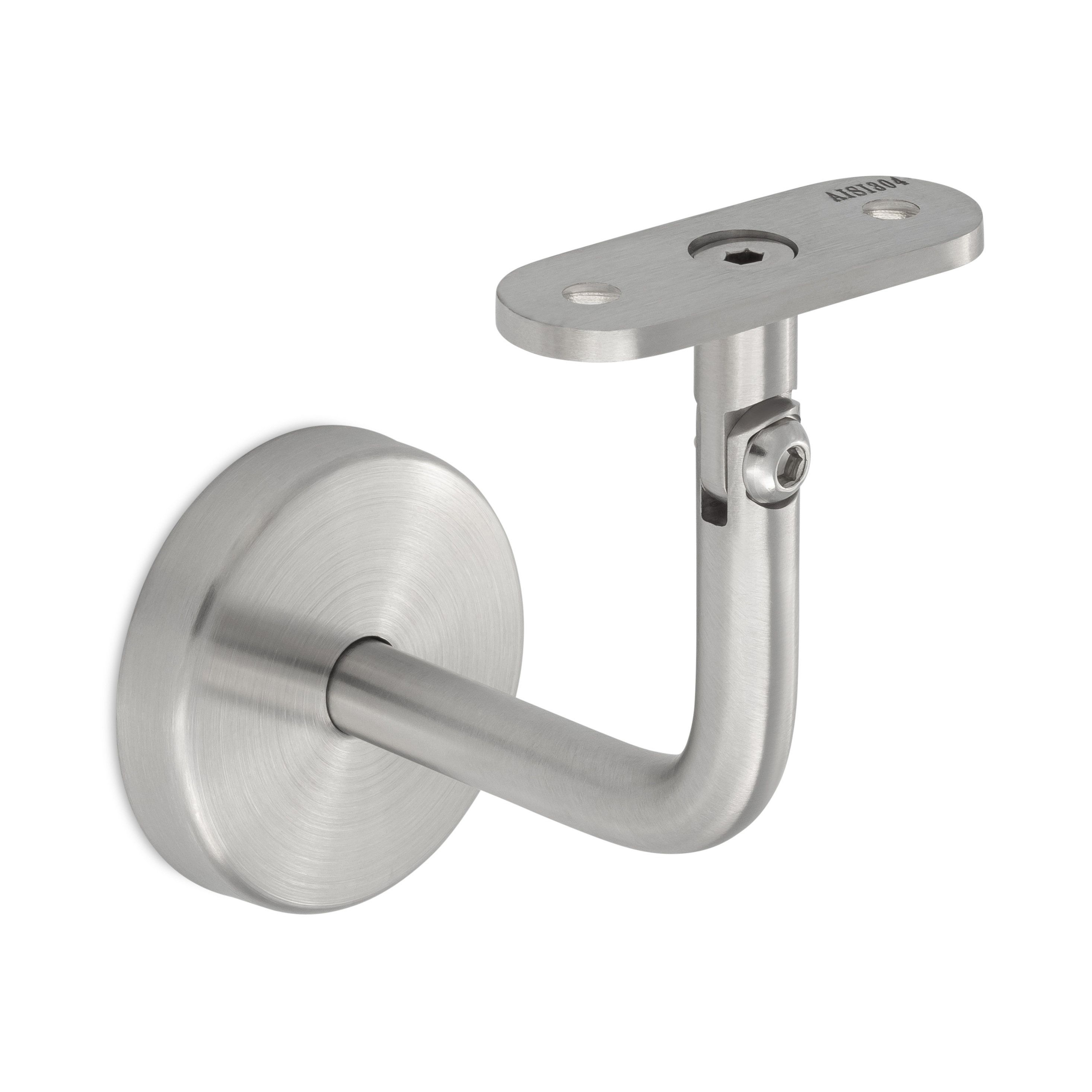 Supporto per corrimano modello 04 inox con snodo e piastra diritta, a parete con rosetta rotonda per corrimano in legno