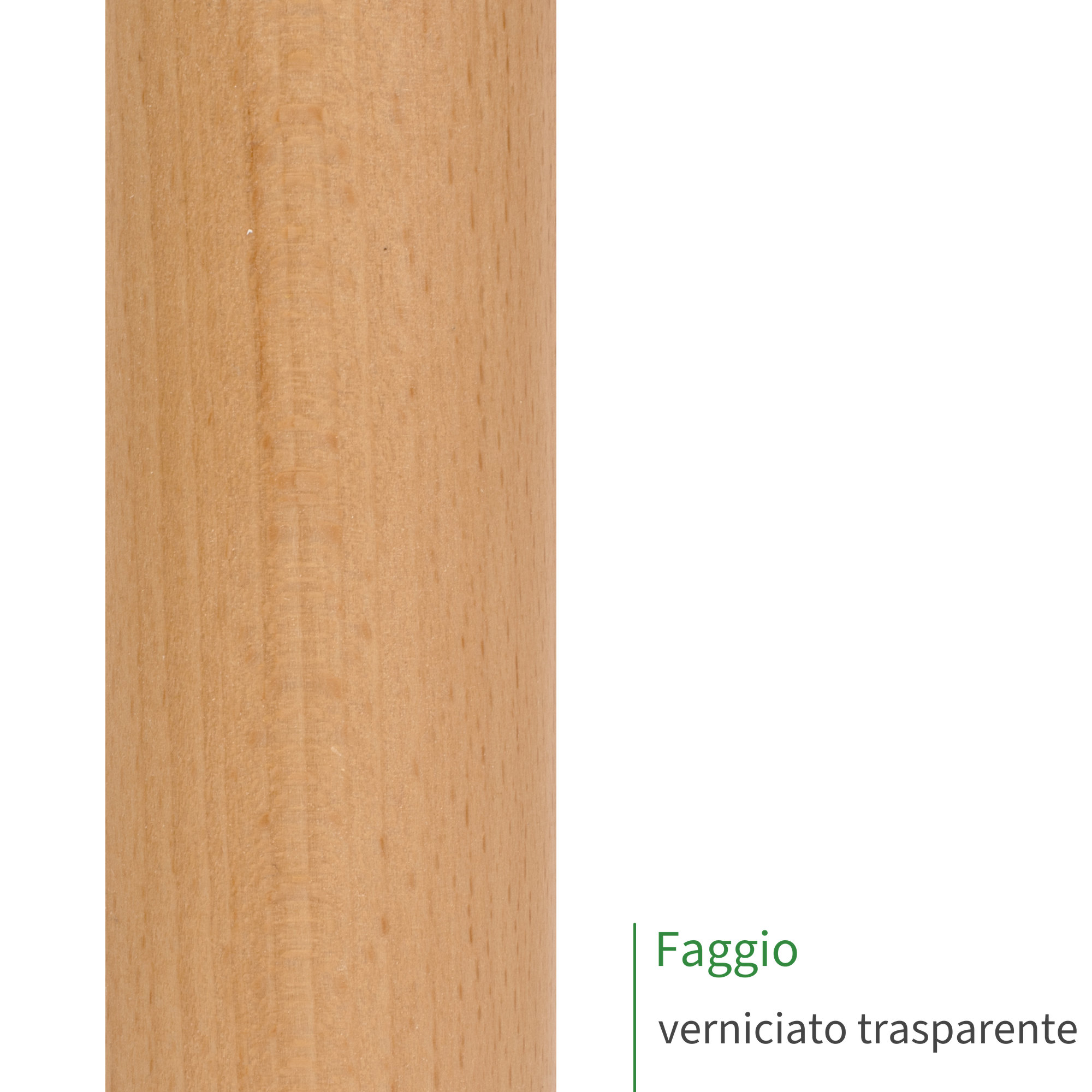 Barra tonda in legno di faggio verniciato trasparente, primo piano della superficie con venatura fine e tonalità chiara
