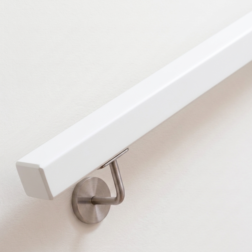Corrimano quadrato in faggio verniciato bianco su parete bianca con supporto a parete inox, estremità diritta, vista obliqua