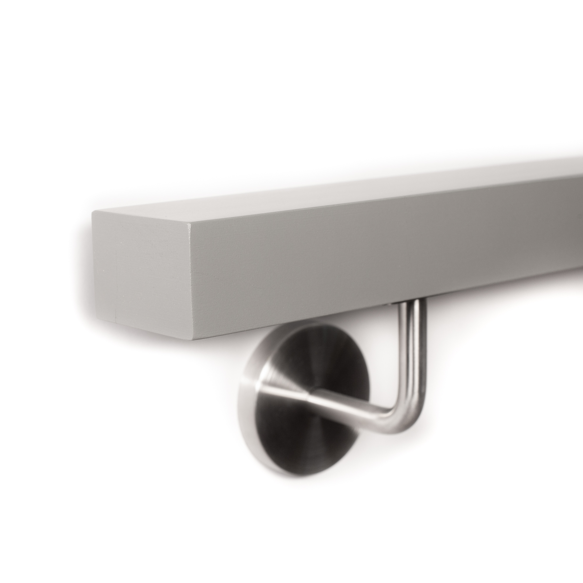 Corrimano rettangolare in faggio grigio di piatto con supporto a parete in acciaio inox, estremità dritta, spigoli vivi