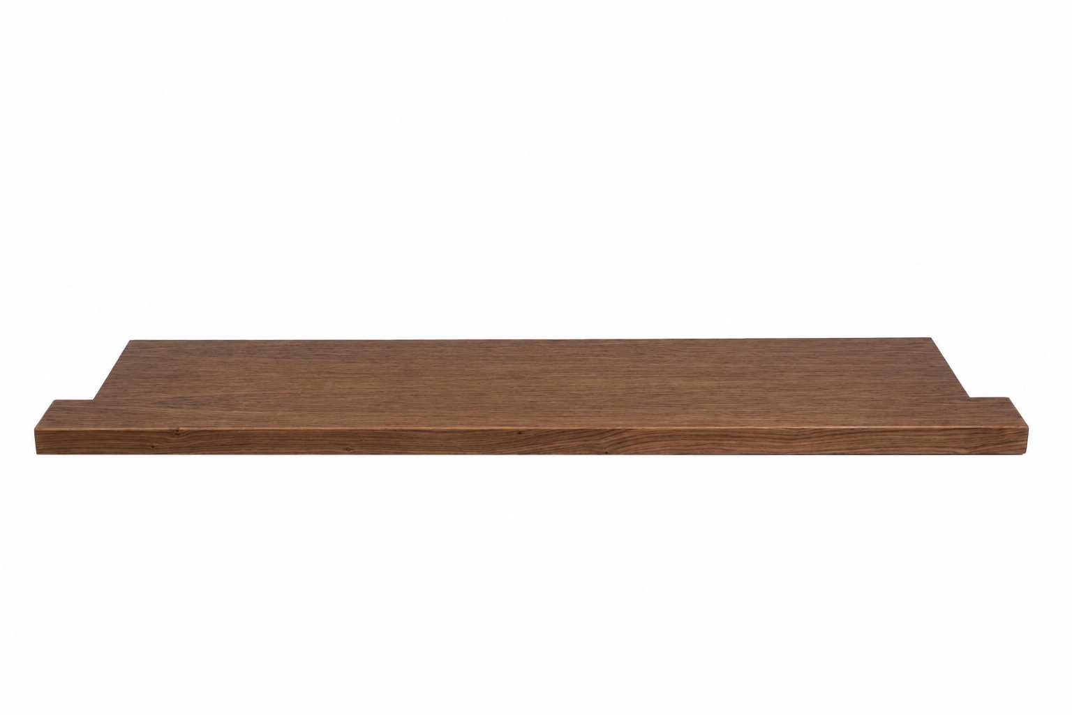 Davanzale per ristrutturazione in rovere tinto marrone, legno massello, vista frontale con terminali laterali, sfondo bianco