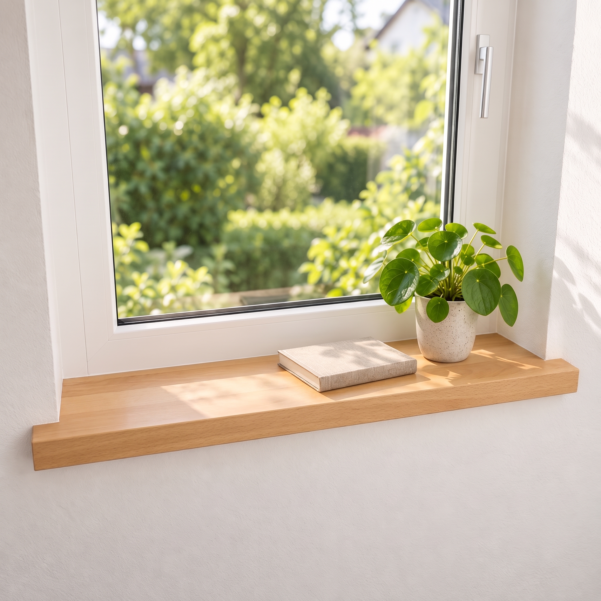 Davanzale per ristrutturazione in faggio naturale, legno massello, finestra bianca sul giardino, pilea in vaso e libro