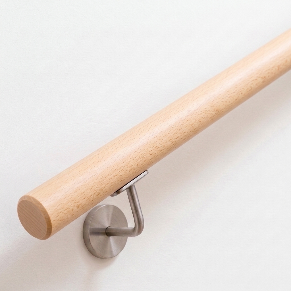 Corrimano rotondo in faggio, legno chiaro e liscio, su parete bianca con supporto in acciaio inox, vista obliqua dal basso