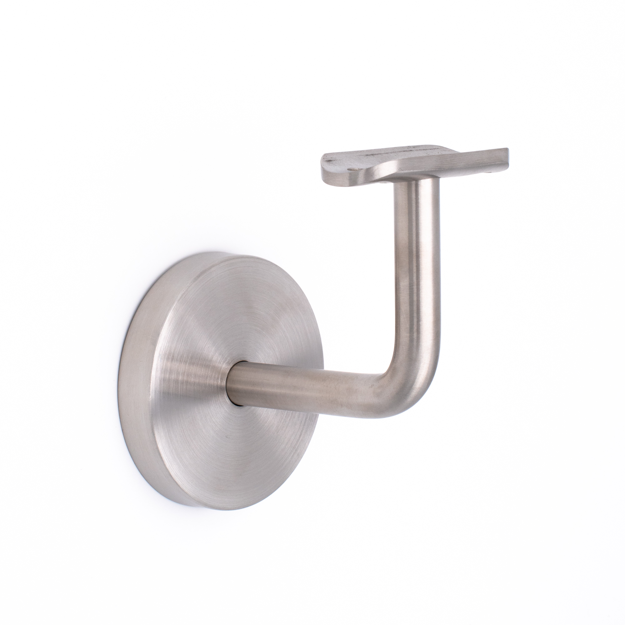 Supporto per corrimano modello 02 inox con piastra bombata, supporto a parete con rosetta rotonda e braccio curvo
