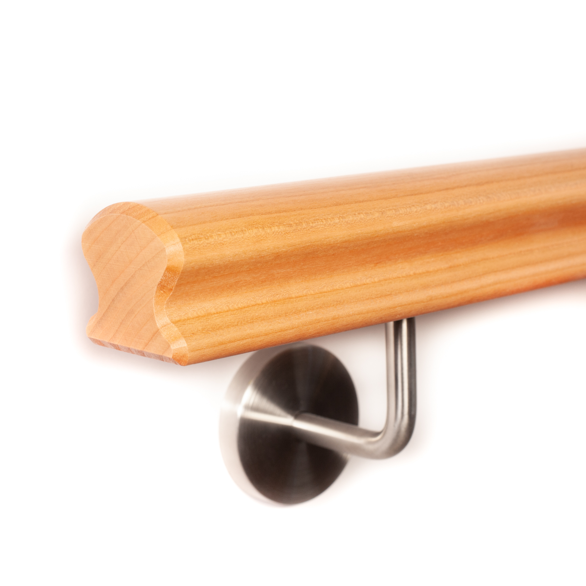 Corrimano Omega in ciliegio con estremità smussata e supporto tondo in acciaio inox, legno rossastro su sfondo bianco