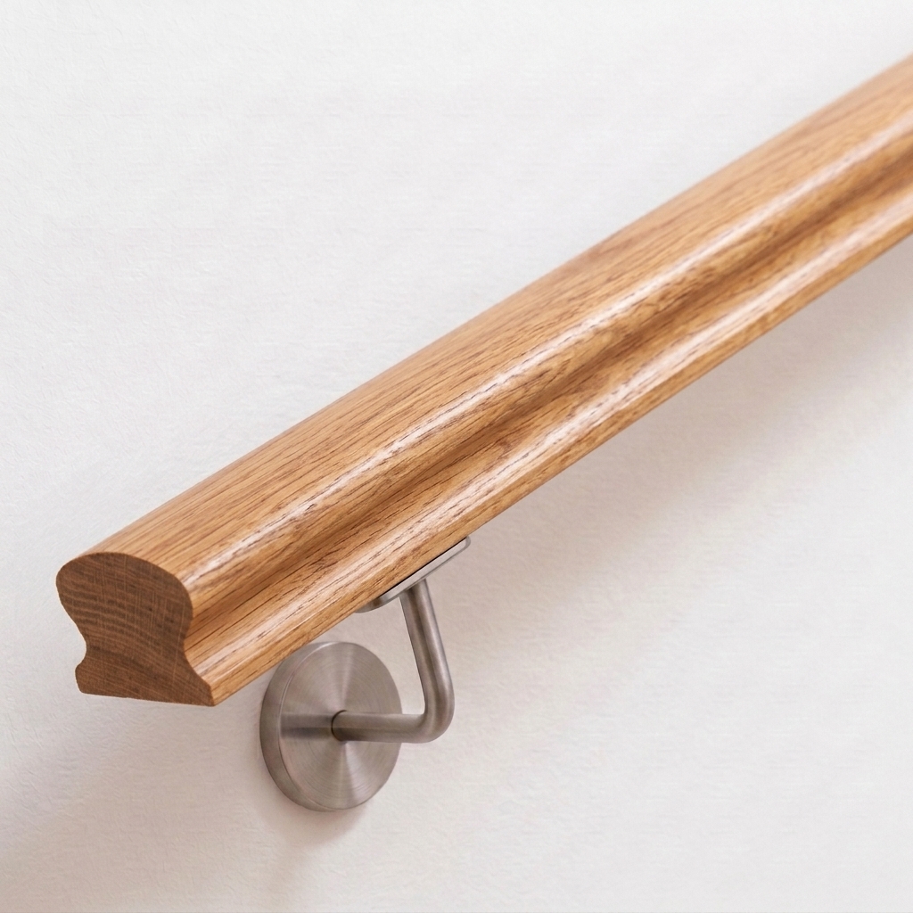 Corrimano Omega in rovere con sezione profilata a omega, supporto in acciaio inox su parete bianca, estremità dritta