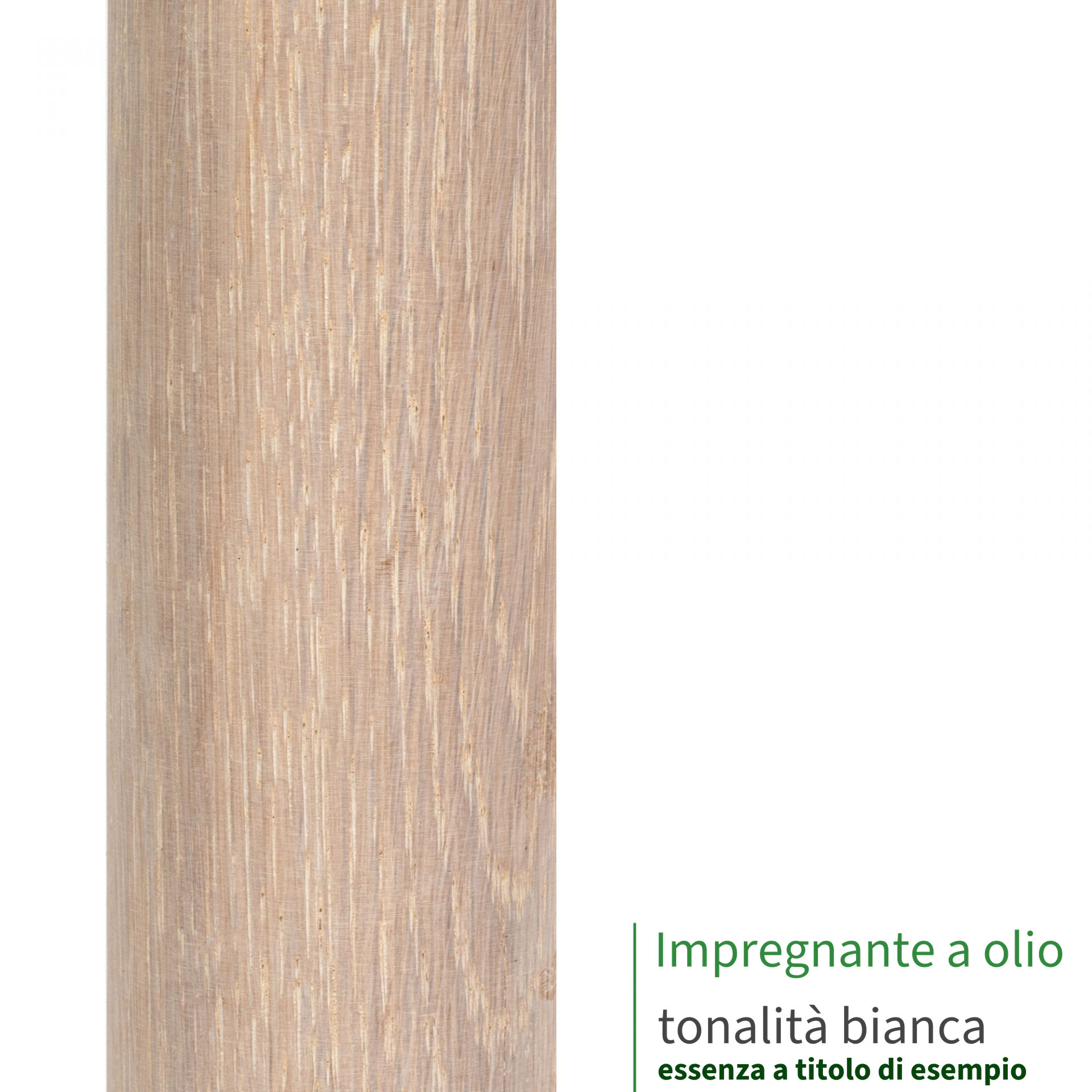 Impregnante a olio tonalità bianca: campione di superficie in legno per tappo terminale, essenza a titolo di esempio