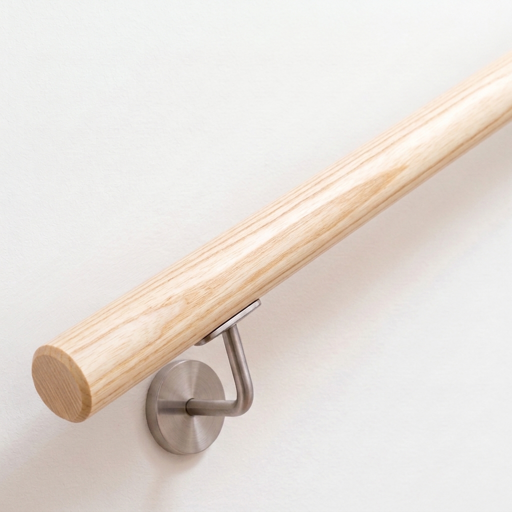 Corrimano rotondo in frassino, legno chiaro a venatura fine, supporto in acciaio inox su parete bianca, estremità dritta
