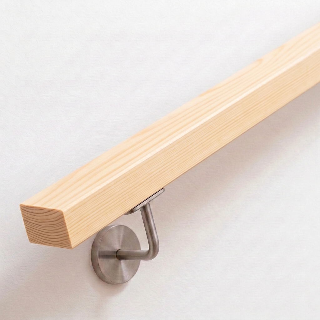 Corrimano rettangolare in abete rosso chiaro con venatura, supporto in acciaio inox su parete bianca, estremità dritta