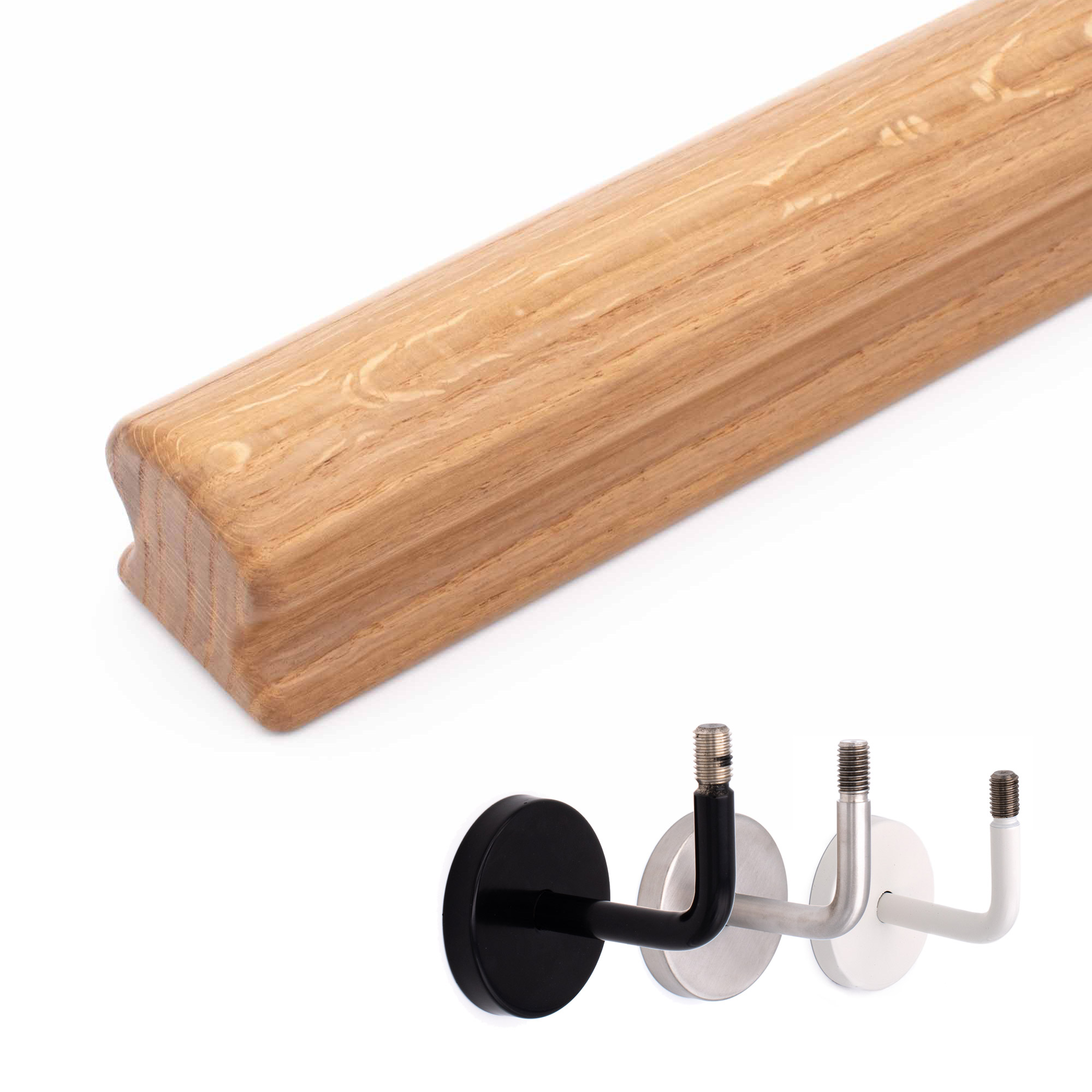 Corrimano Omega in rovere naturale, corrimano in legno a profilo Omega, supporti per corrimano in nero, inox e bianco
