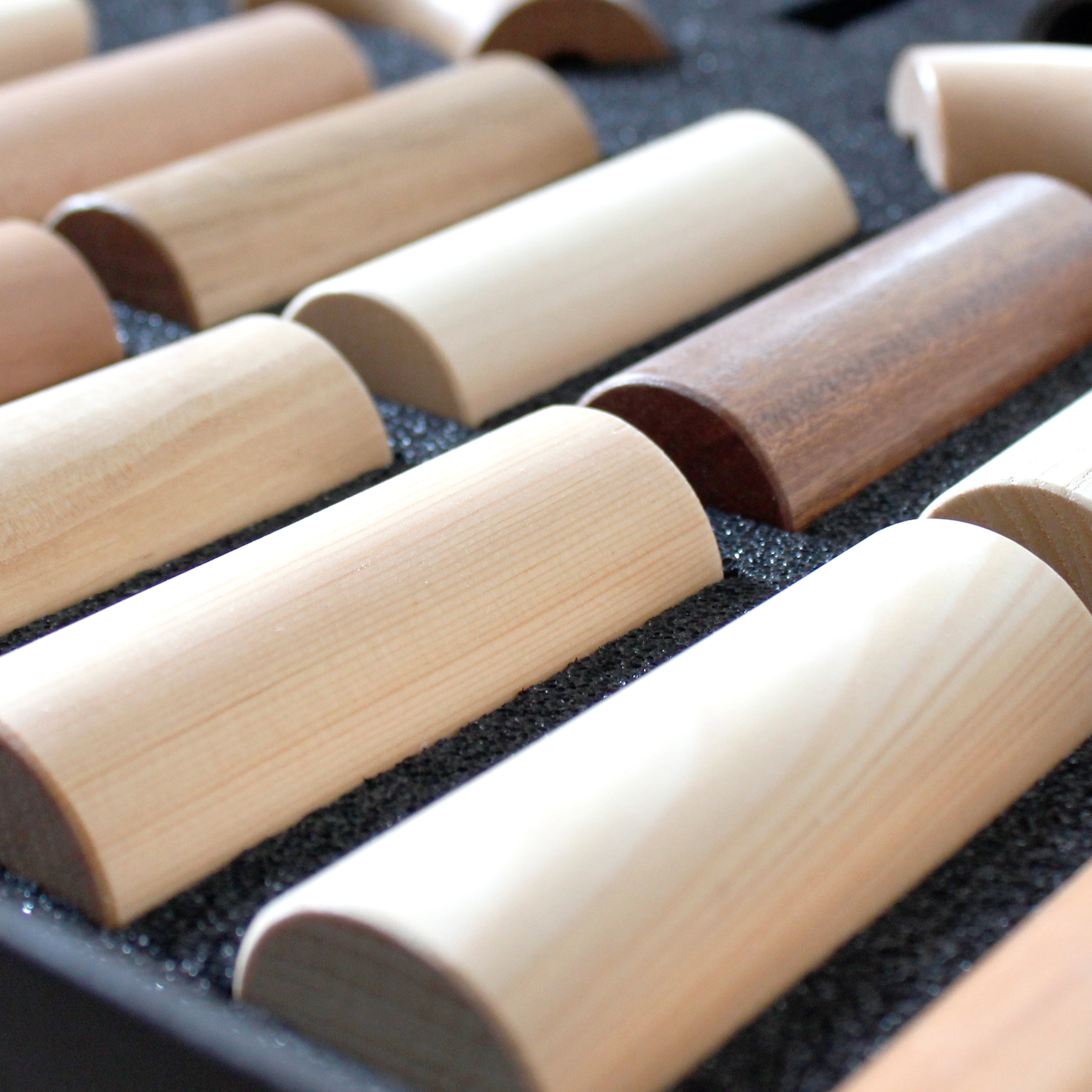 Campioni di corrimano: scatola con campioni di legno semitondi di diverse essenze in gommapiuma nera, primo piano