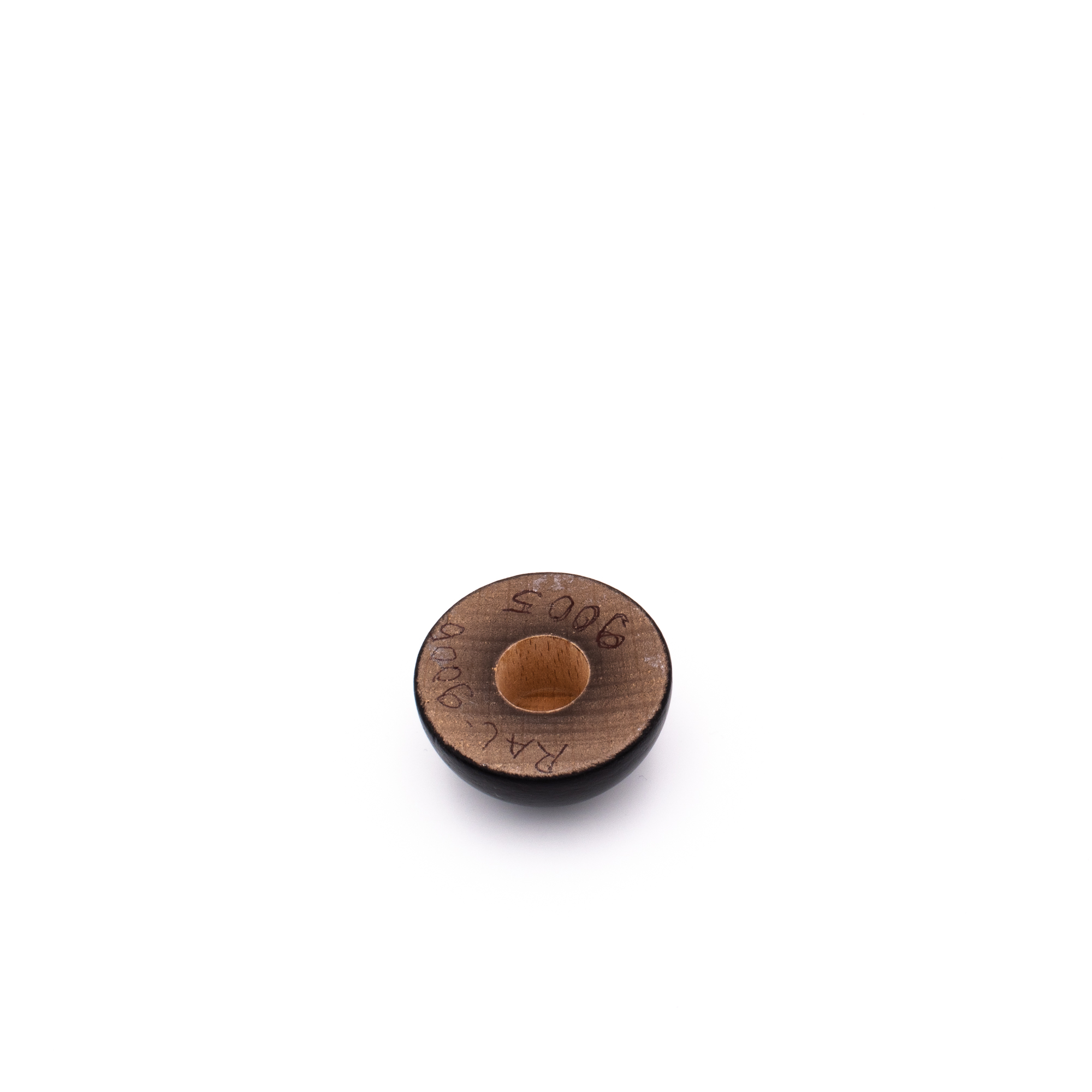 Tappo terminale in faggio verniciato nero RAL 9005, retro con foro, per corrimano in legno Ø 40 - 50 mm, su sfondo bianco
