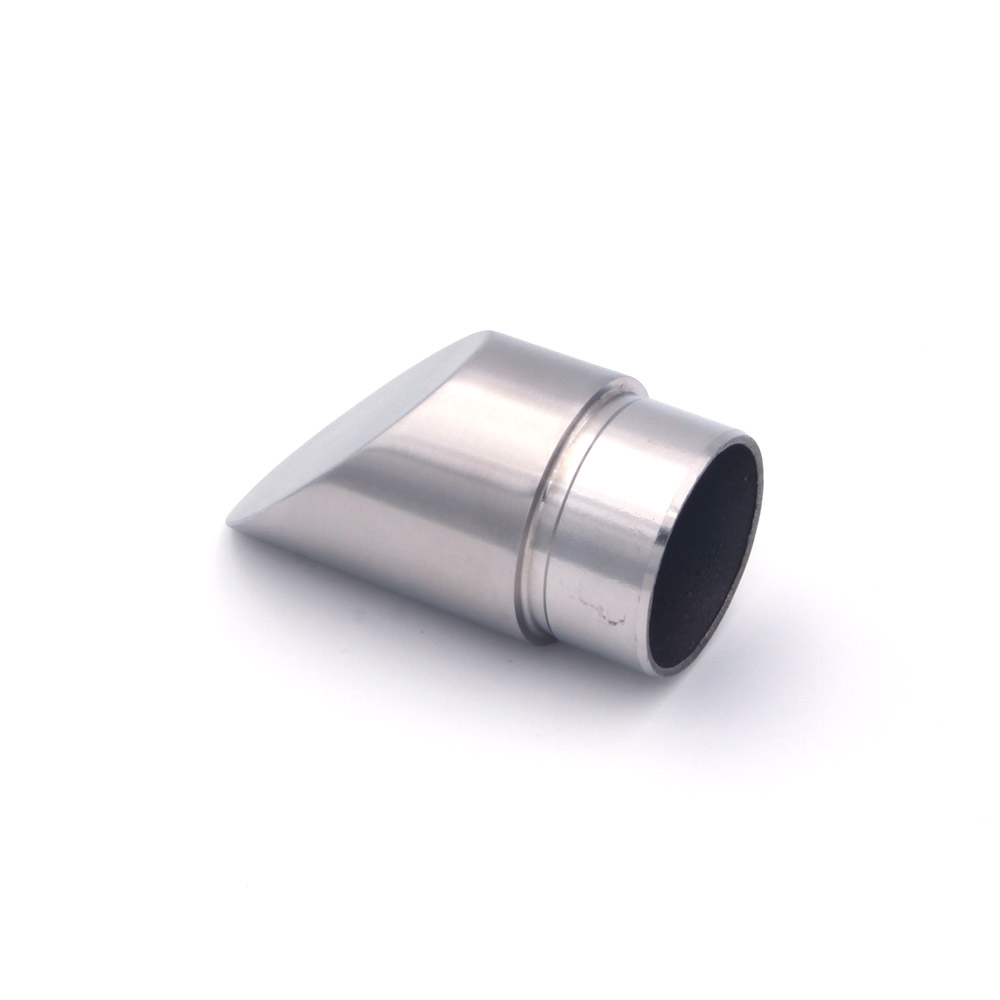 Tappo terminale smussato a 45° per corrimano in acciaio inossidabile Ø 42,4 mm, con attacco da incollare, su sfondo bianco