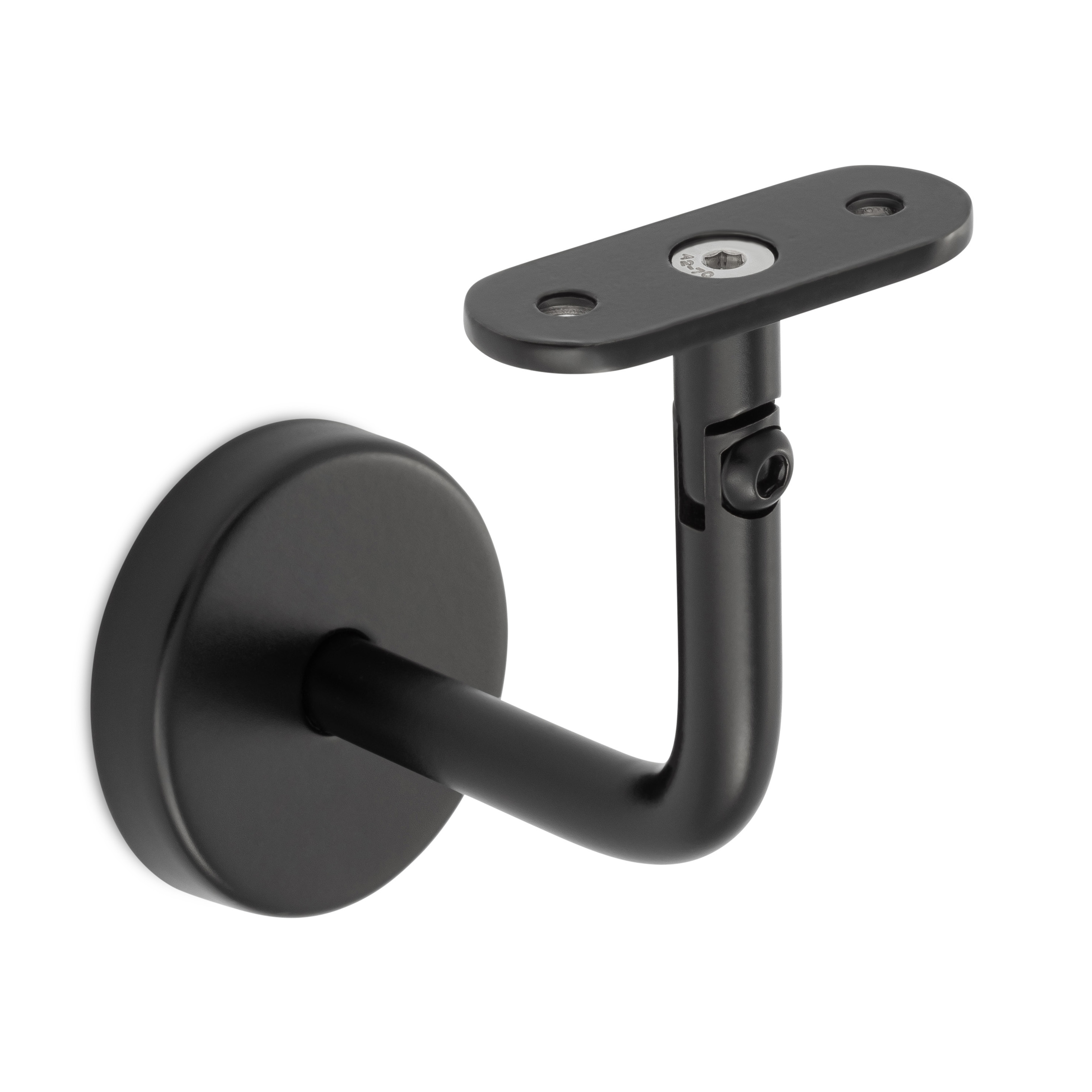 Supporto per corrimano modello 04 nero con snodo e piastra diritta, a parete con rosetta rotonda per corrimano in legno