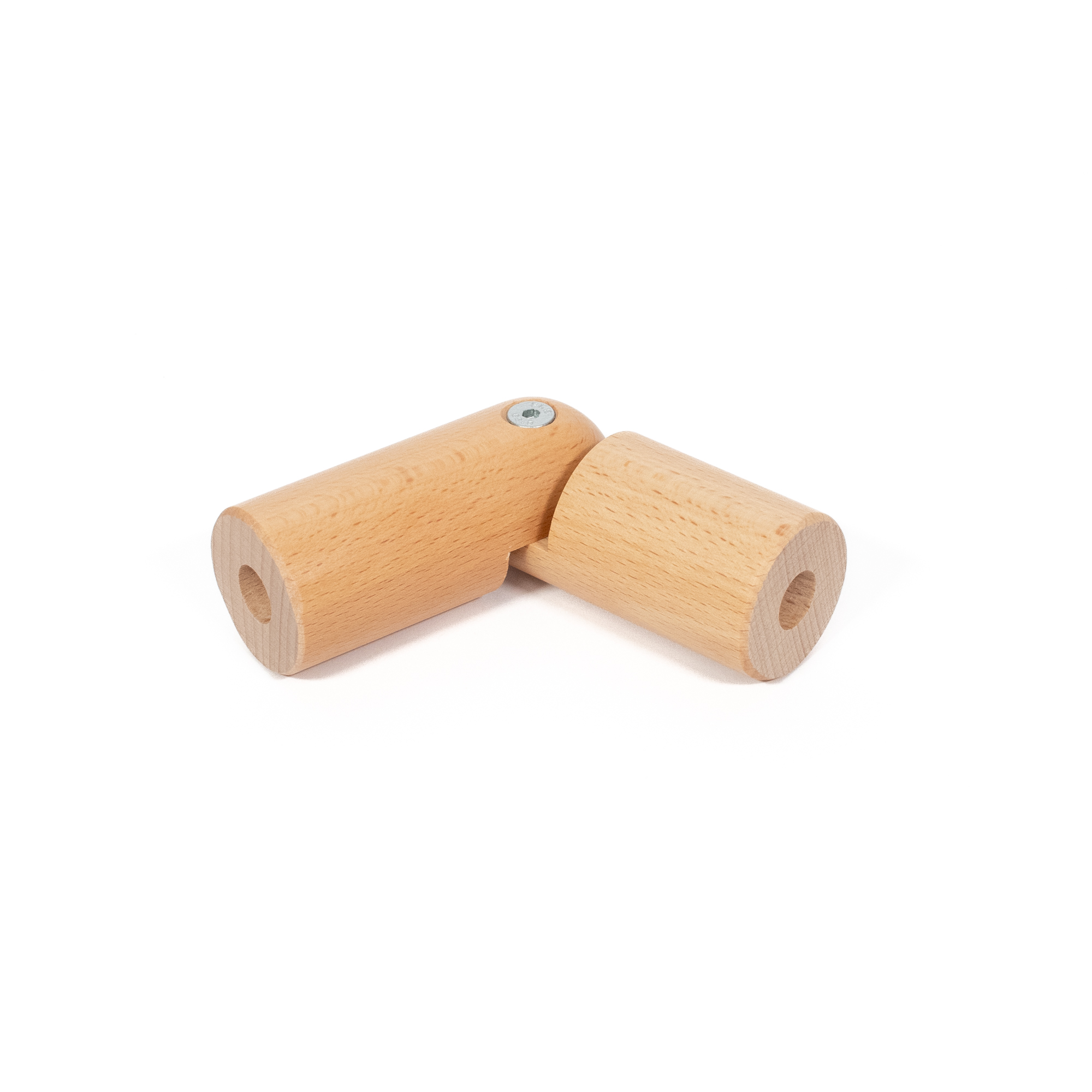 Raccordo ad angolo variabile in faggio 42 mm per corrimano in legno: due cilindri con snodo, angolo da 90 a 180 gradi
