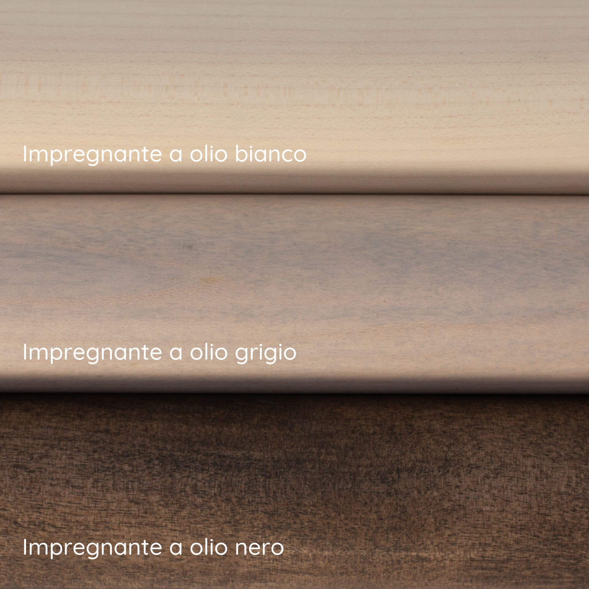 Corrimano in acero: tre campioni con impregnante a olio bianco, grigio e nero, uno sopra l'altro con didascalia