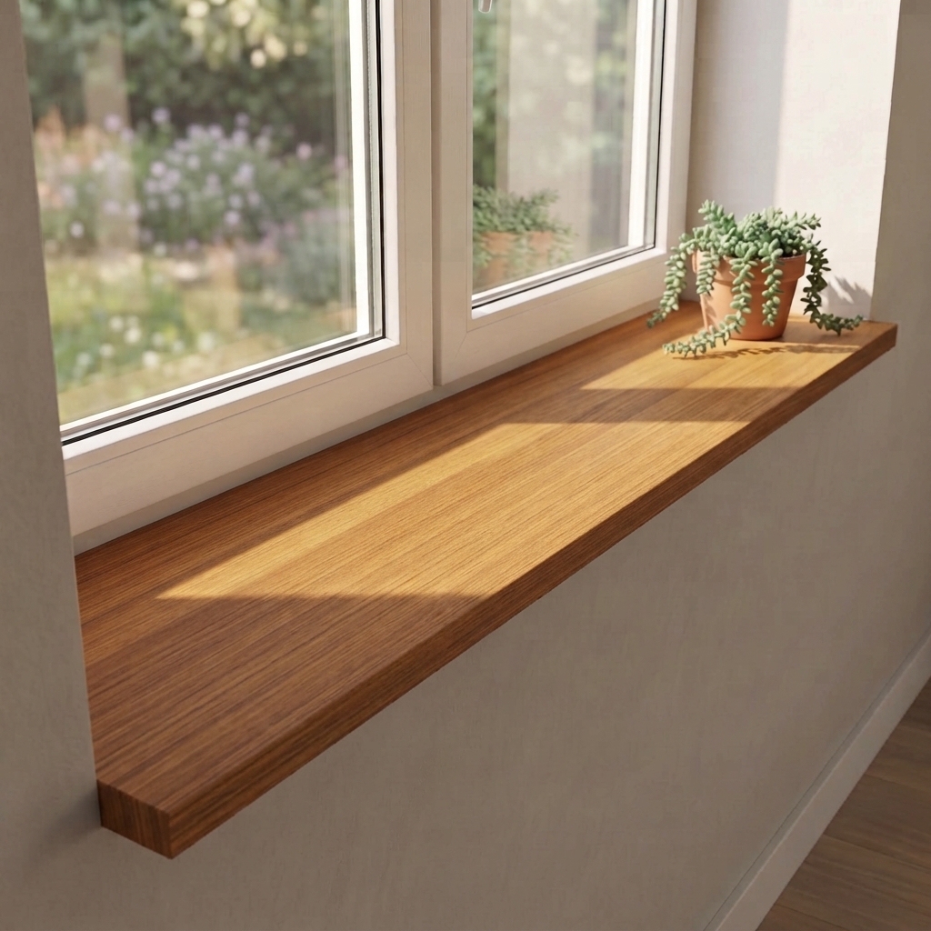 Davanzale in nobilitato effetto legno rovere sotto finestra a due ante con vista sul giardino e pianta ricadente in vaso