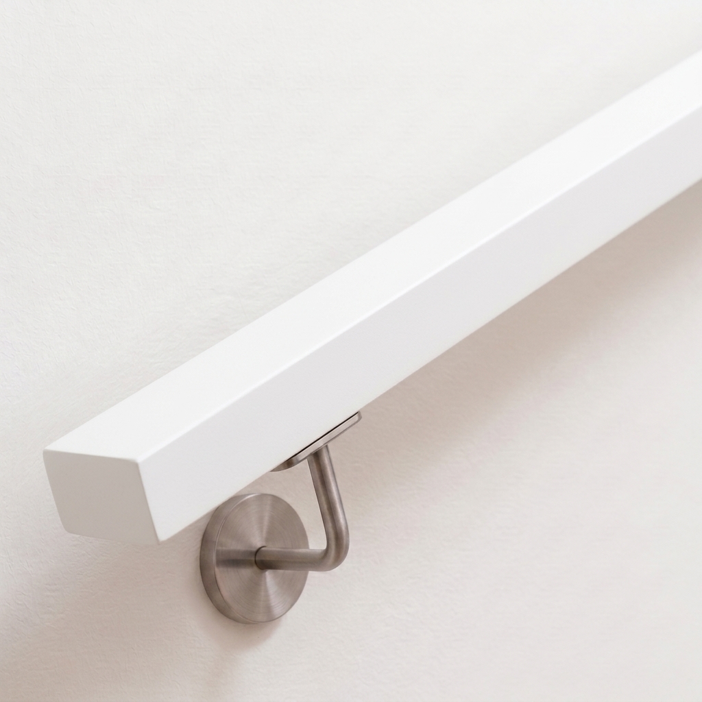 Corrimano rettangolare in faggio bianco su parete bianca, supporto in acciaio inox con rosetta tonda, vista obliqua